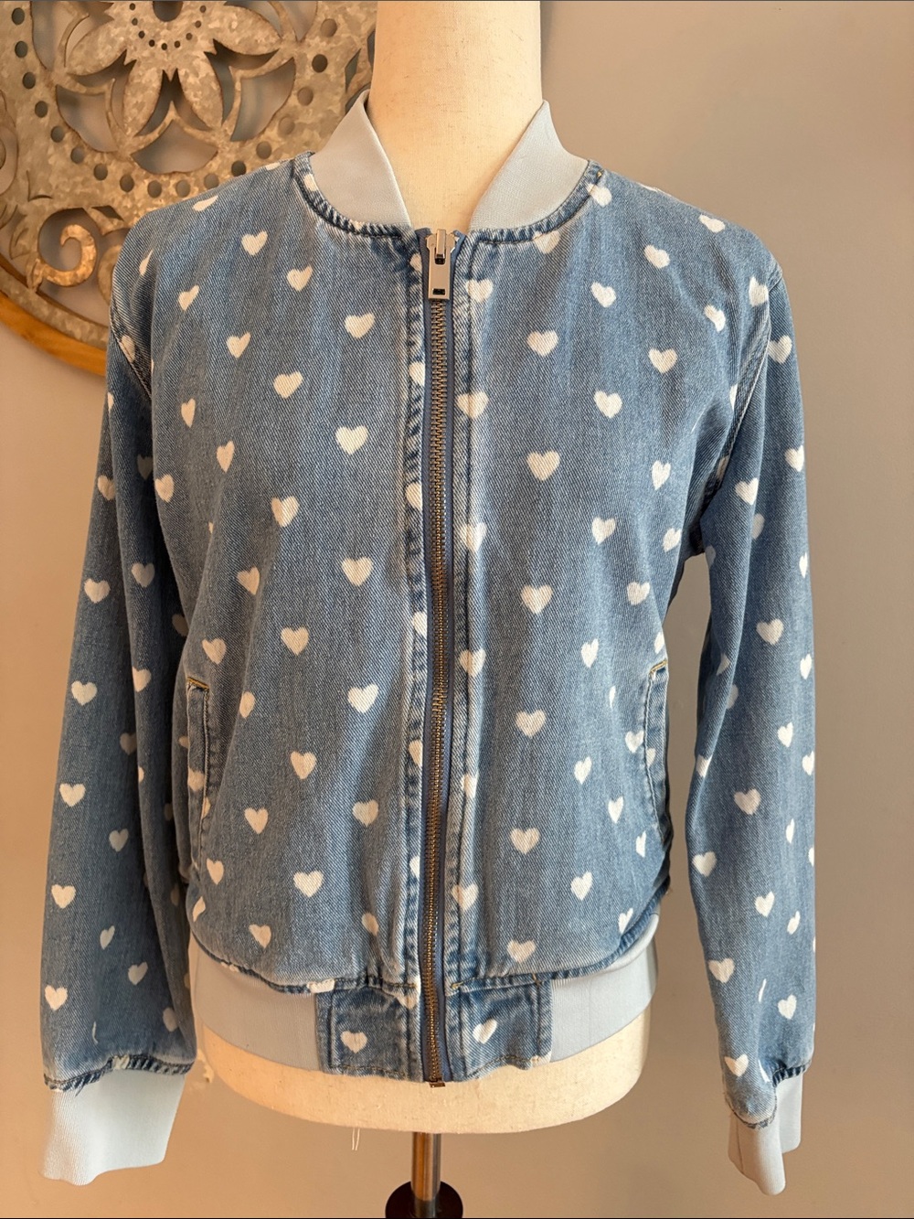 PACSUN Denim Heart Bomber Jean Jacket Size Large